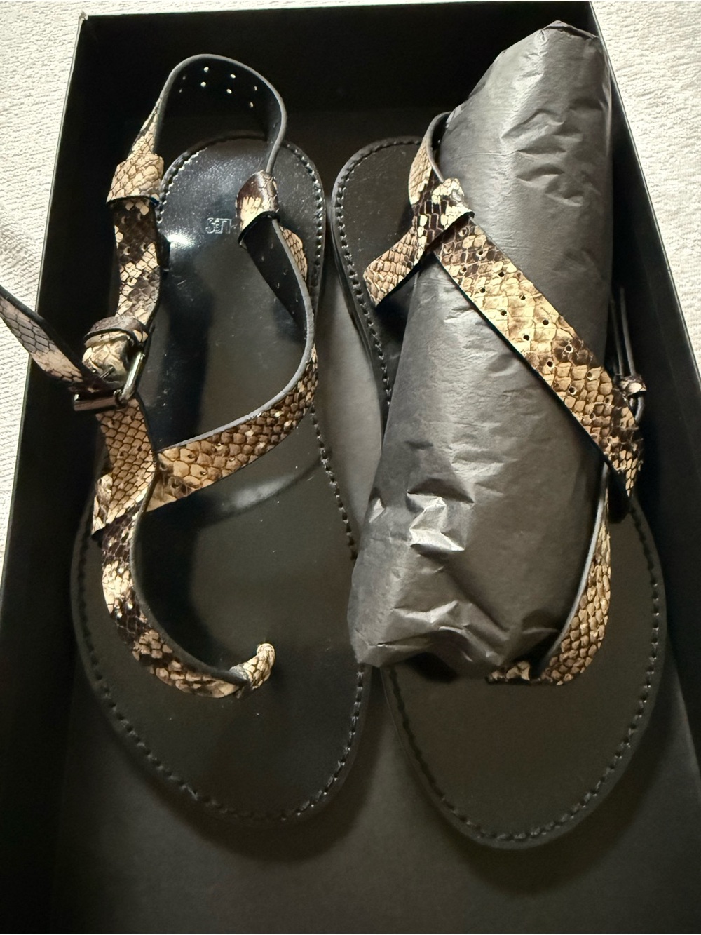 The Kooples Black Leather Sandals with Brown Snake-Print Straps